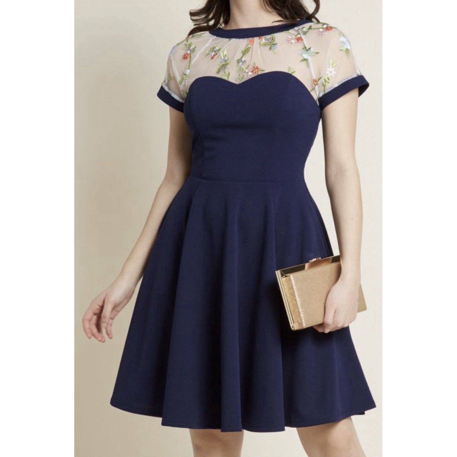 Vtg Ixia Mini Dress Sz L Navy Blue Mesh Floral Short Sleeve 2-Pockets Usa Made